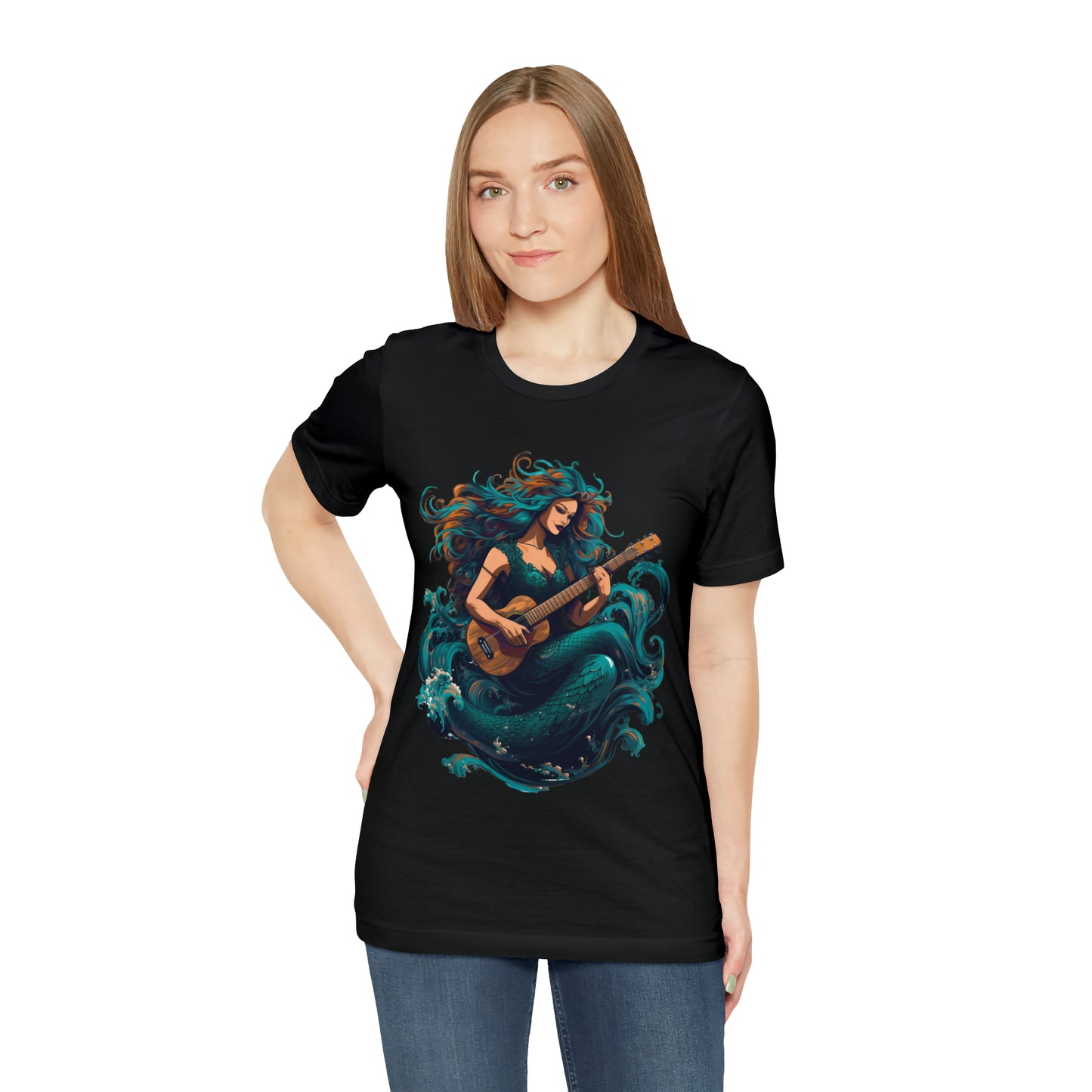 Mermaid T-Shirt - Unisex jersey tee with an enchanting design, soft cotton fabric, and ribbed knit collars, perfect for mermaid enthusiasts and lovers of mermaid-inspired clothing, Mermaid music, siren music , siren guiter 