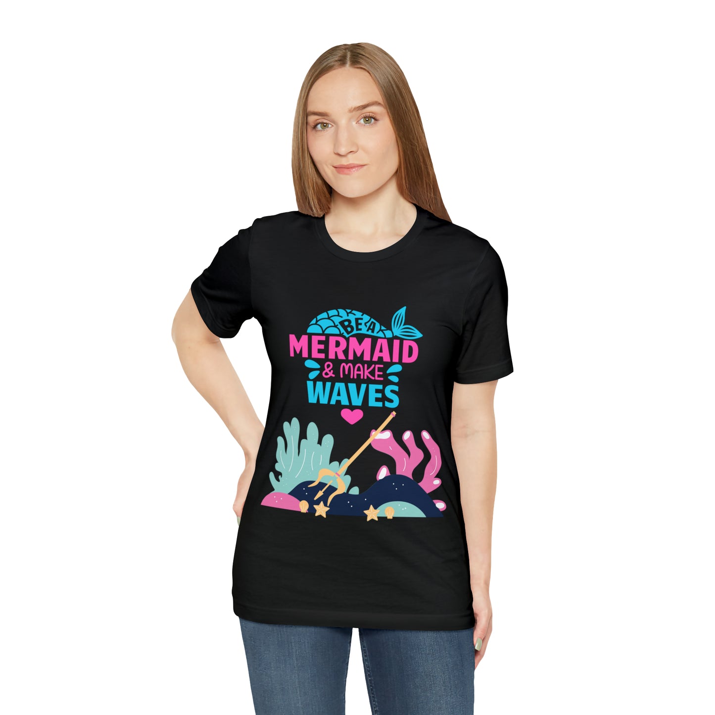Mermaid T-Shirt - Unisex jersey tee with an enchanting design, soft cotton fabric, and ribbed knit collars, perfect for mermaid enthusiasts and lovers of mermaid-inspired clothing.Coral inspired
