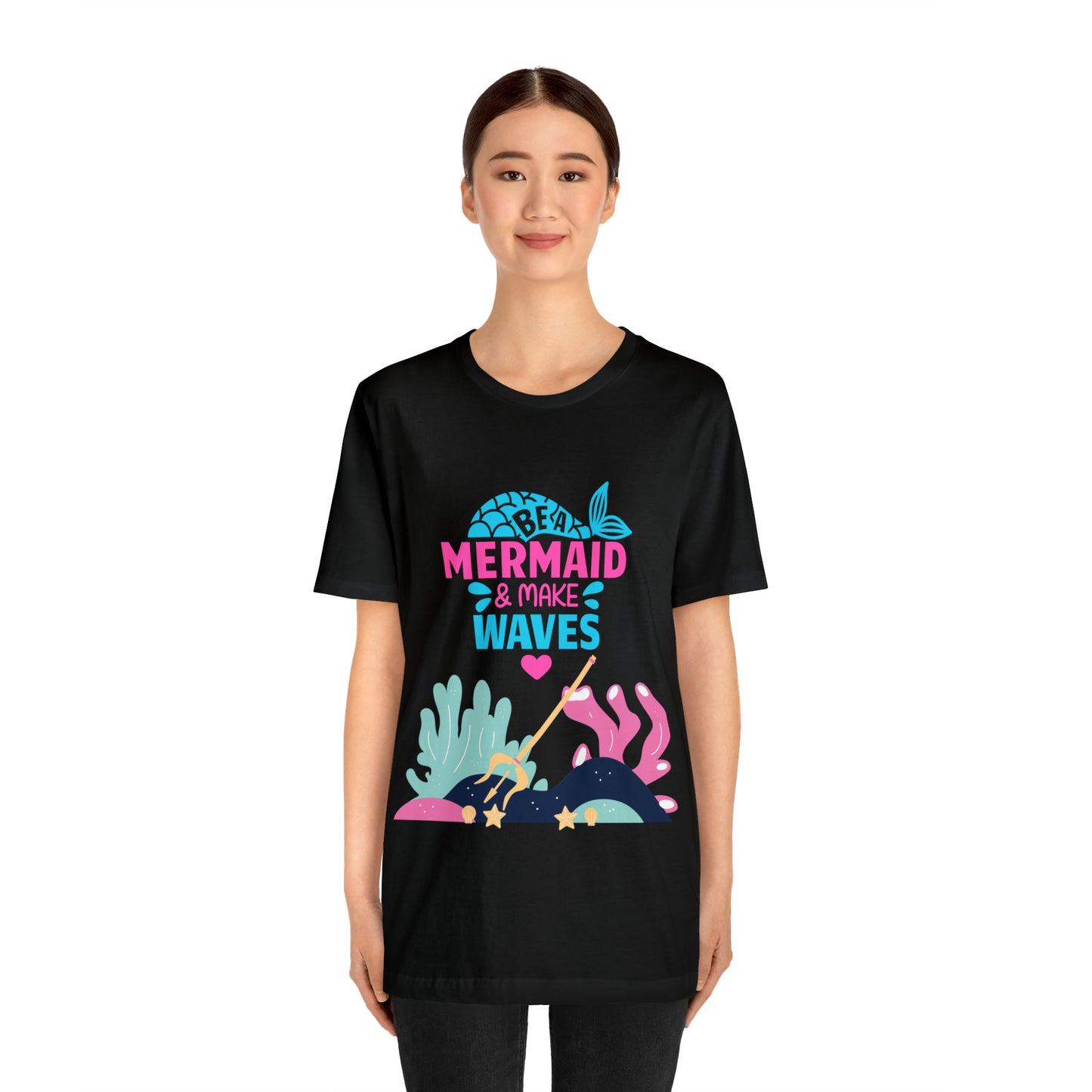 Mermaid T-Shirt - Unisex jersey tee with an enchanting design, soft cotton fabric, and ribbed knit collars, perfect for mermaid enthusiasts and lovers of mermaid-inspired clothing.Coral inspired