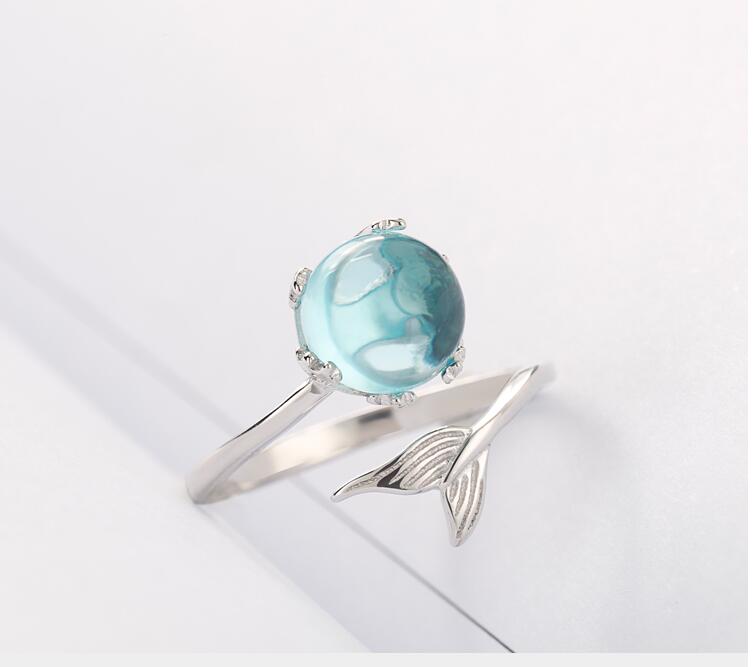 "Adjustable Open Blue Crystal Mermaid Bubble Ring - Enchanting ocean-inspired ring with shimmering blue crystals, perfect for mermaid lovers. Customizable fit for anyone, an ideal gift for her