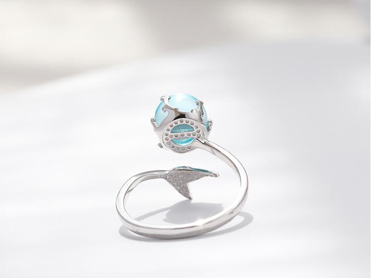 "Adjustable Open Blue Crystal Mermaid Bubble Ring - Enchanting ocean-inspired ring with shimmering blue crystals, perfect for mermaid lovers. Customizable fit for anyone, an ideal gift for her