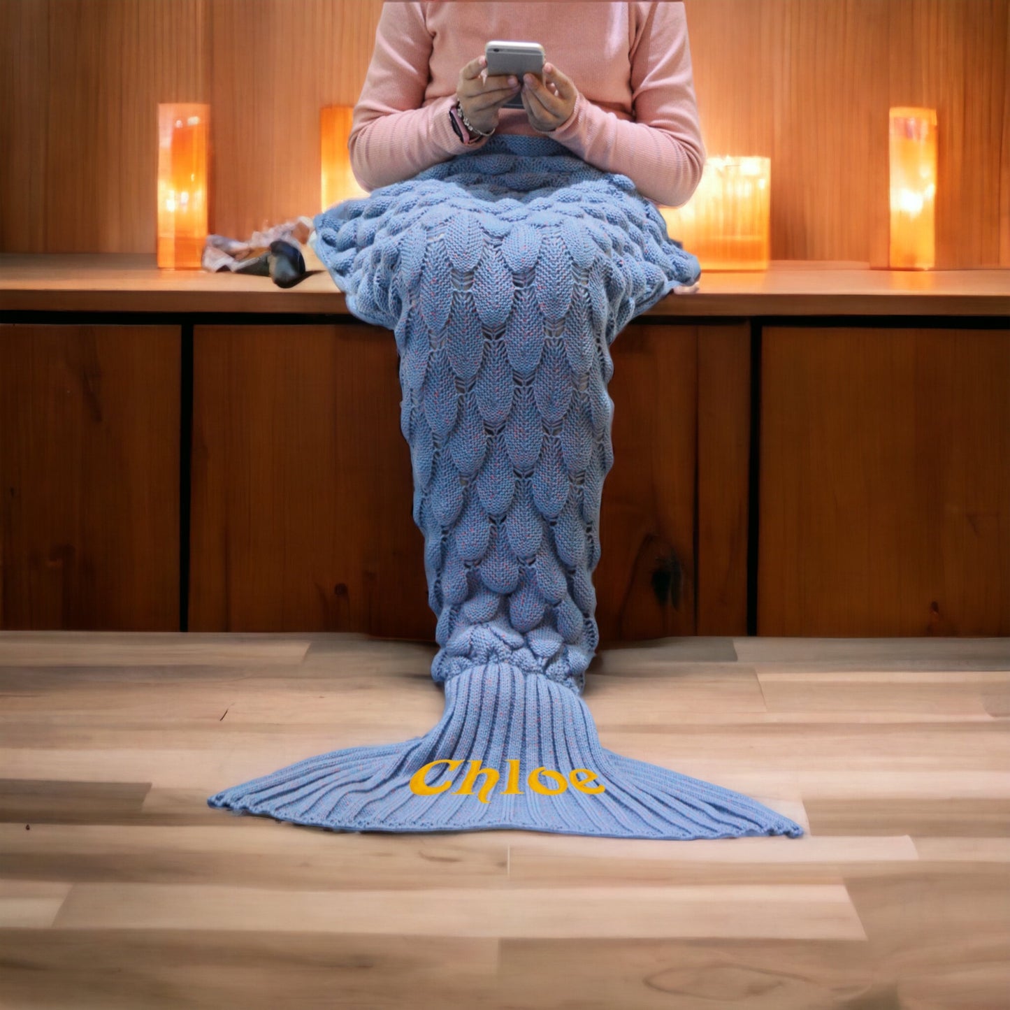 Personalized Mermaid Tail Shape Blanket - Ocean Blue" Description: "Close-up of a cozy mermaid tail blanket in a beautiful ocean blue color, ready to be personalized with a name."