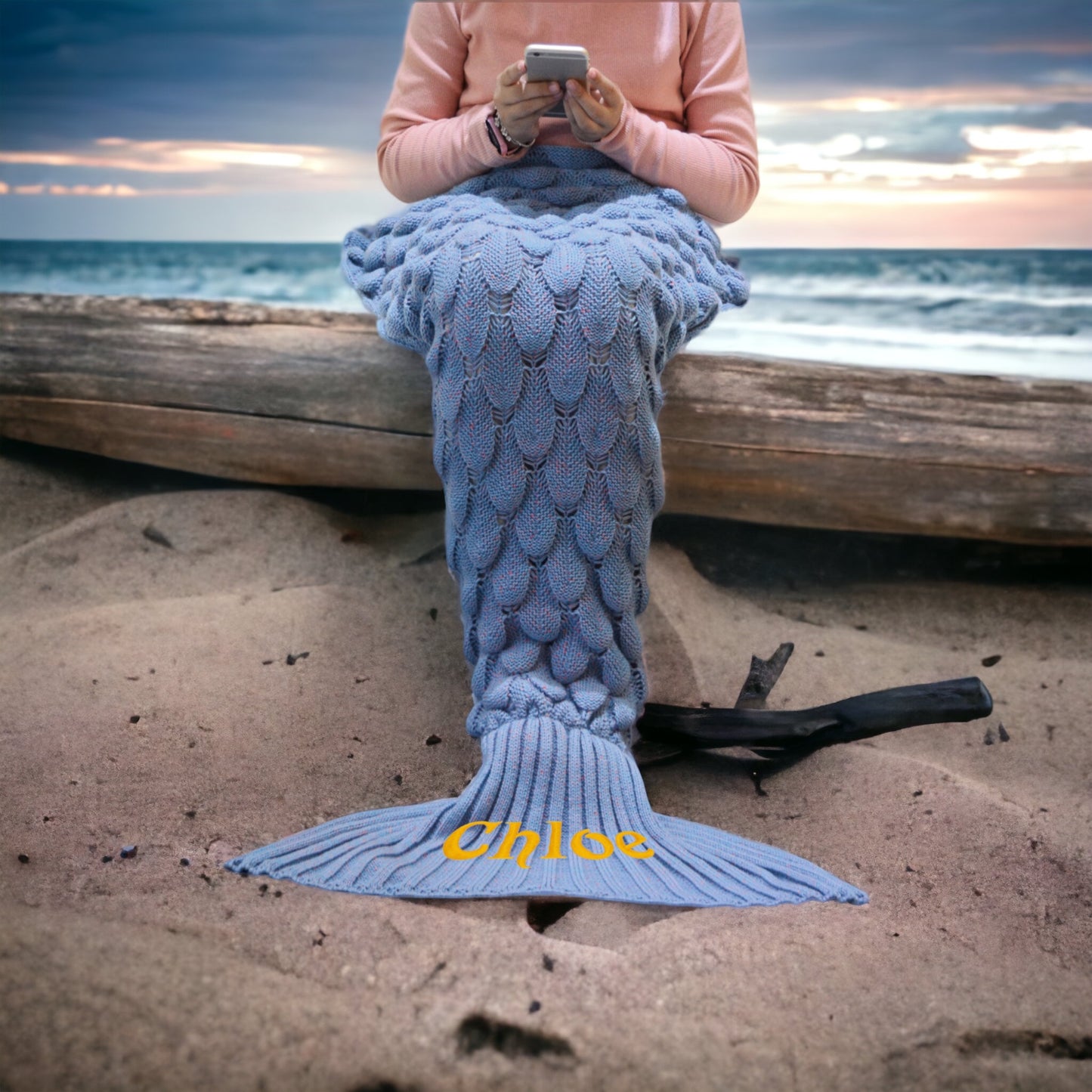 Personalized Mermaid Tail Shape Blanket - Ocean Blue" Description: "Close-up of a cozy mermaid tail blanket in a beautiful ocean blue color, ready to be personalized with a name."