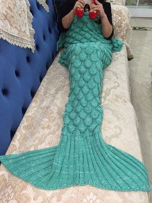  "Personalized Mermaid Tail Shape Blanket - Ocean Blue" Description: "Close-up of a cozy mermaid tail blanket in a beautiful ocean blue color, ready to be personalized with a name."