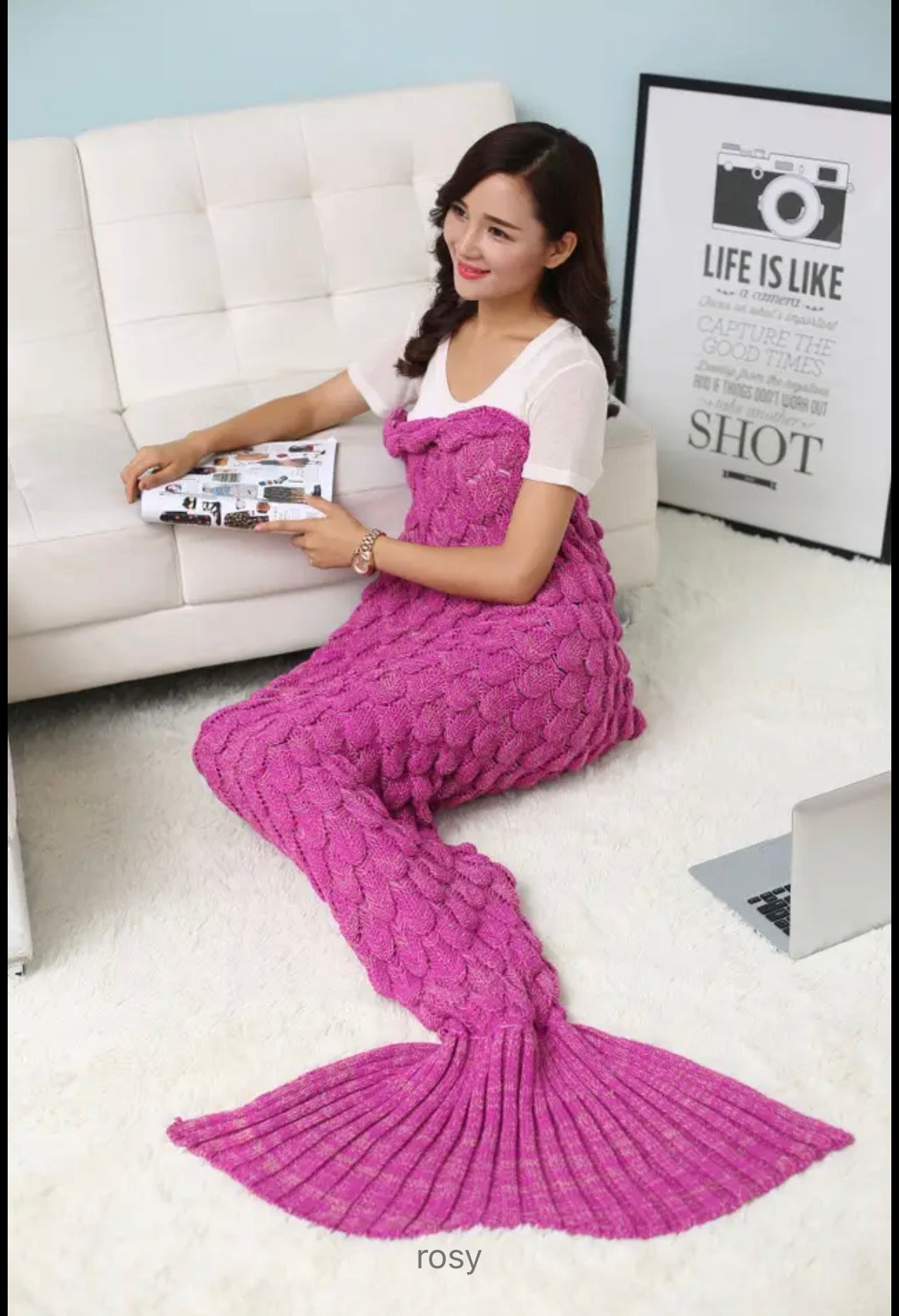 "Embroidered Mermaid Tail Blanket - Pink Delight" Description: "A soft and snug pink mermaid tail blanket featuring intricate embroidery of a personalized name, adding a personal touch."