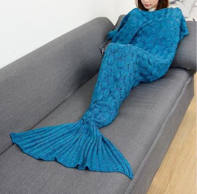  "Personalized Mermaid Tail Shape Blanket - Ocean Blue" Description: "Close-up of a cozy mermaid tail blanket in a beautiful ocean blue color, ready to be personalized with a name."