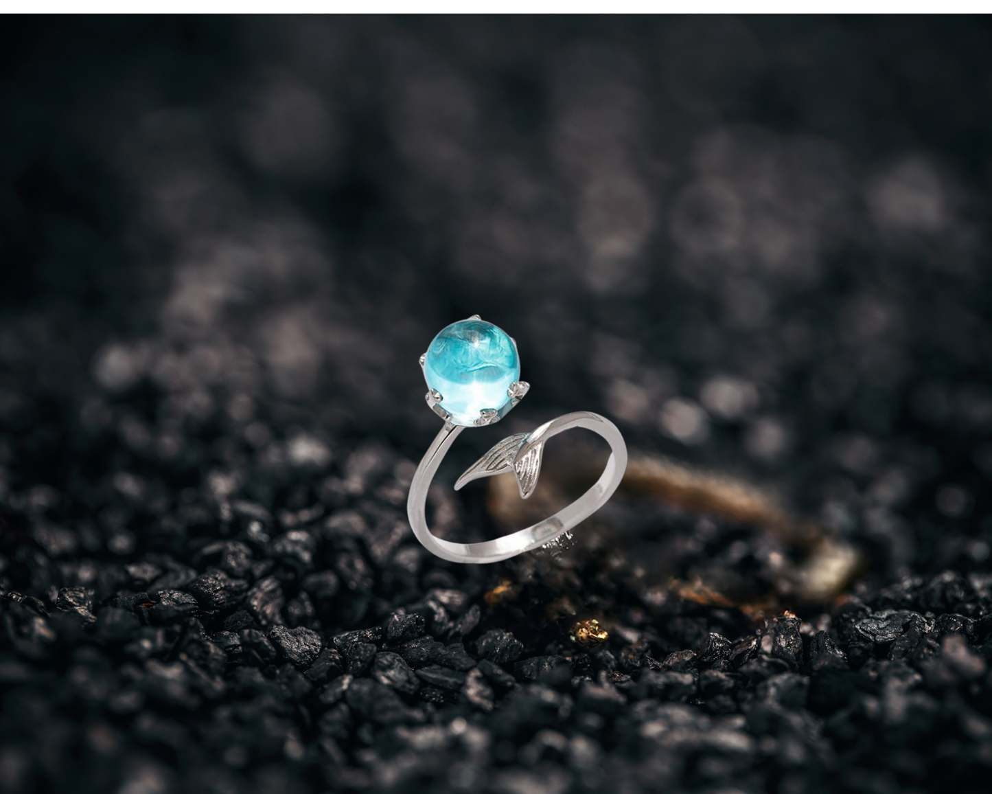 "Adjustable Open Blue Crystal Mermaid Bubble Ring - Enchanting ocean-inspired ring with shimmering blue crystals, perfect for mermaid lovers. Customizable fit for anyone, an ideal gift for her