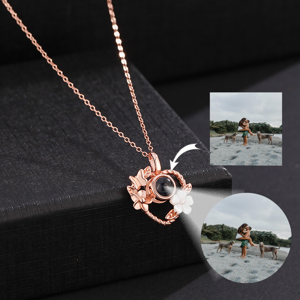 Rose Gold Custom Floral Shaped Projection Necklace - Heart-shaped pendant with delicate floral design, crafted in 925 silver, featuring nanotechnology for personalized photo projection