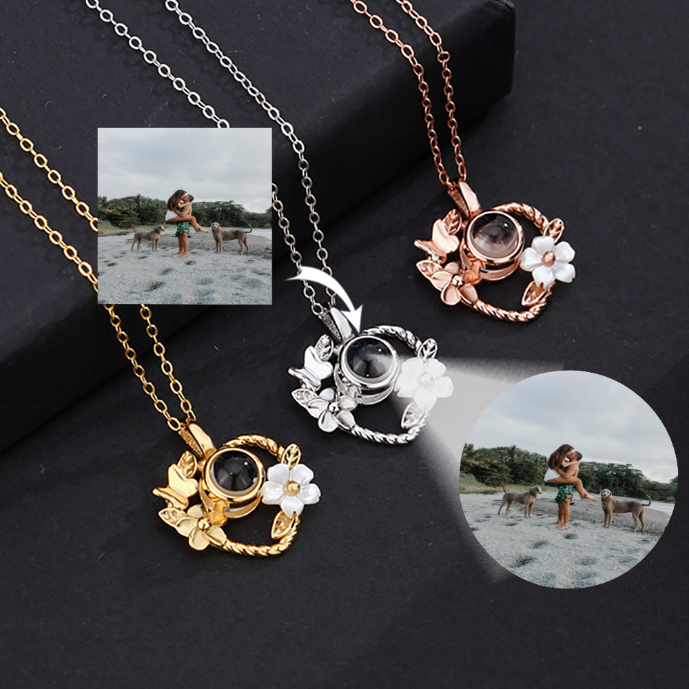 Silver Custom Floral Shaped Projection Necklace - Heart-shaped pendant with delicate floral design, crafted in 925 silver, featuring nanotechnology for personalized photo projection