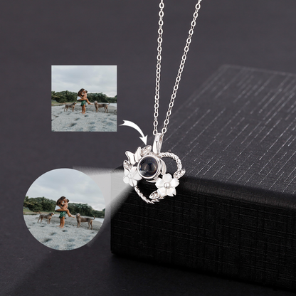 Silver Custom Floral Shaped Projection Necklace - Heart-shaped pendant with delicate floral design, crafted in 925 silver, featuring nanotechnology for personalized photo projection