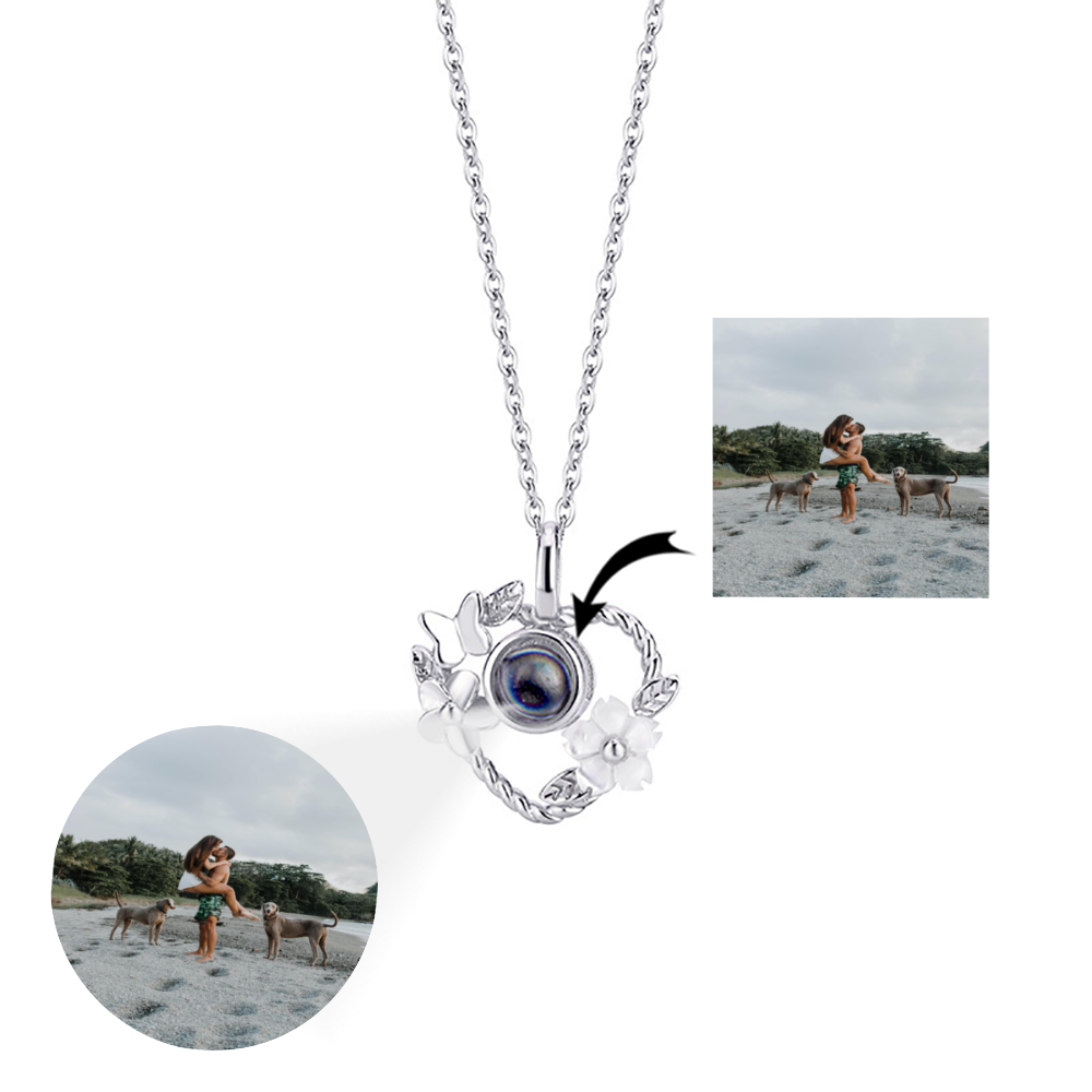 Custom Floral Shaped Projection Necklace - Heart-shaped pendant with delicate floral design, crafted in 925 silver, featuring nanotechnology for personalized photo projection