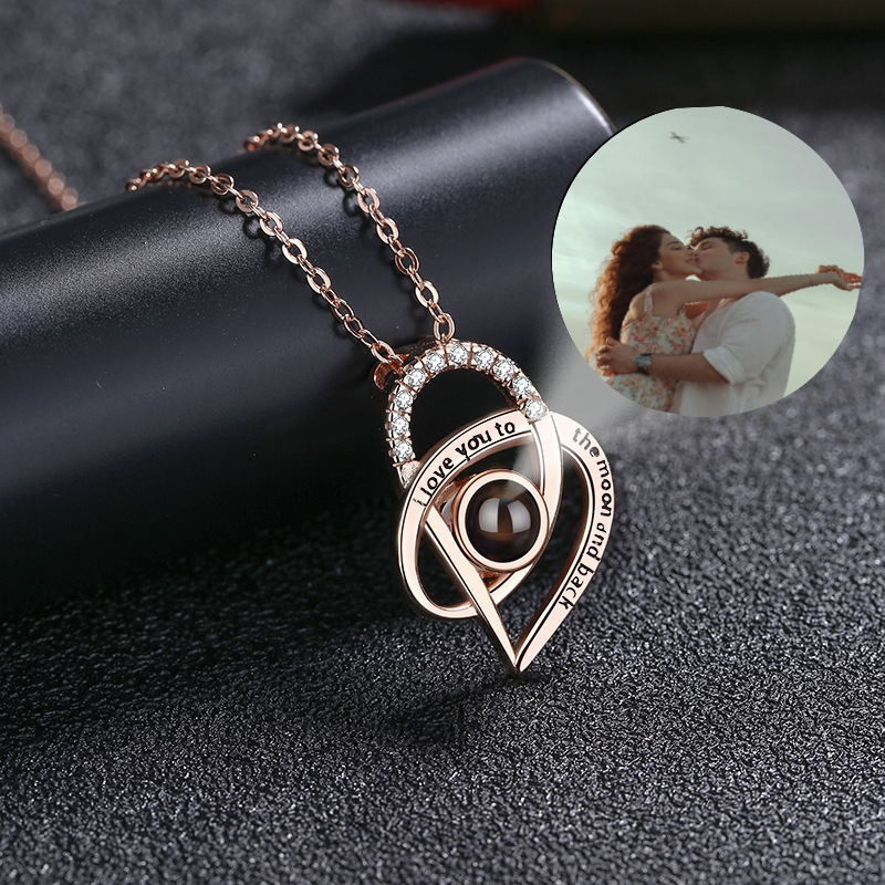 Custom I Love You Shapes Necklace - Personalized jewelry with nano engraving, heart pendant, and rhinestones, available in 925 silver and rose gold color options." rosegold