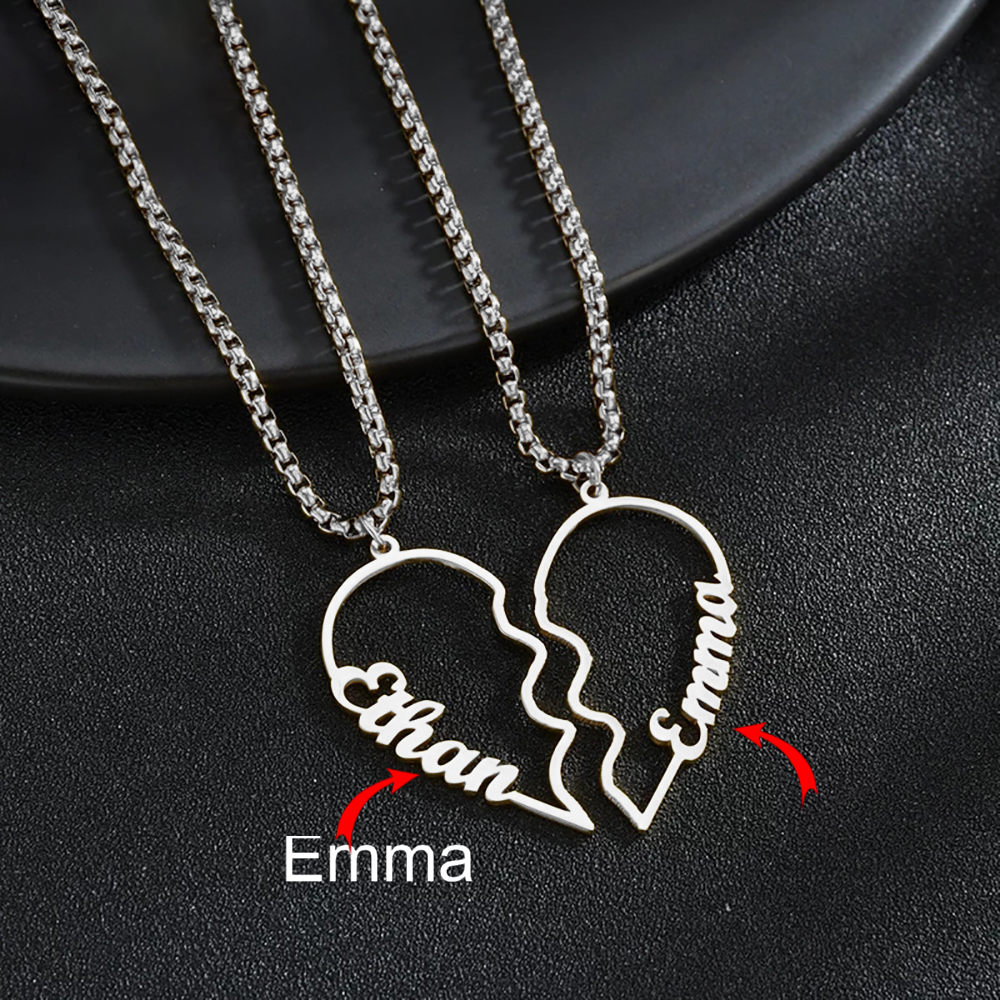 Custom Name Necklace - Fashion Love Necklace Patchwork Pendant - Heart-shaped stainless steel pendant with two custom names, available in gold, silver, or rose gold color options.