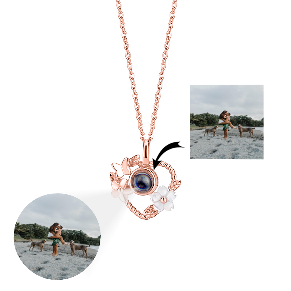 Rose Gold Custom Floral Shaped Projection Necklace - Heart-shaped pendant with delicate floral design, crafted in 925 silver, featuring nanotechnology for personalized photo projection