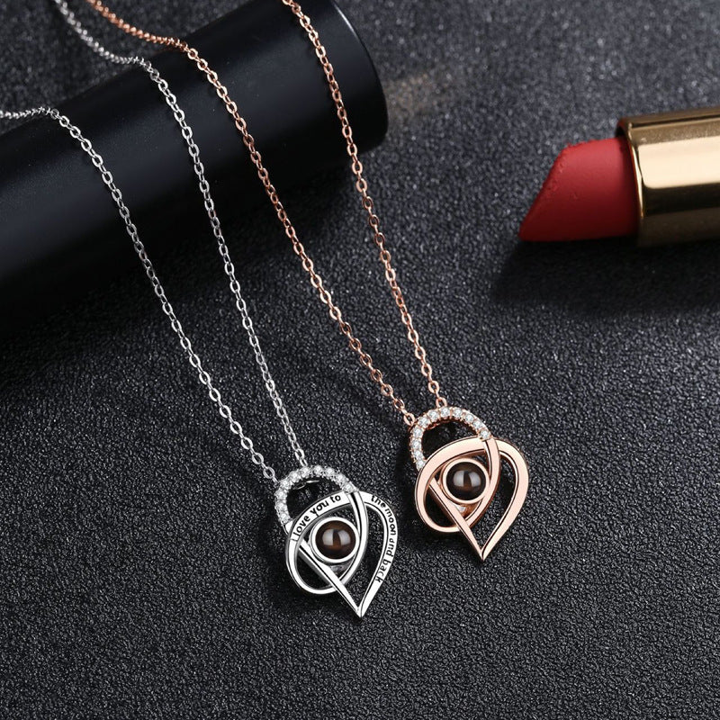 Custom I Love You Shapes Necklace - Personalized jewelry with nano engraving, heart pendant, and rhinestones, available in 925 silver and rose gold color options."
