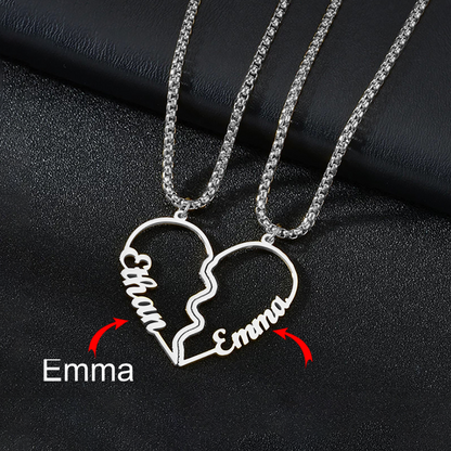 Custom Name Necklace - Fashion Love Necklace Patchwork Pendant - Heart-shaped stainless steel pendant with two custom names, available in gold, silver, or rose gold color options.