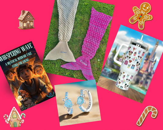 Magical Mermaid Gift Bundle featuring a cozy Mermaid Tale Blanket, Mystical Mermaid Storybook, vibrant 40oz Quencher Tumbler, and Turtle-Inspired Earrings, perfect for Christmas gifts, holiday surprises, and birthday celebrations.