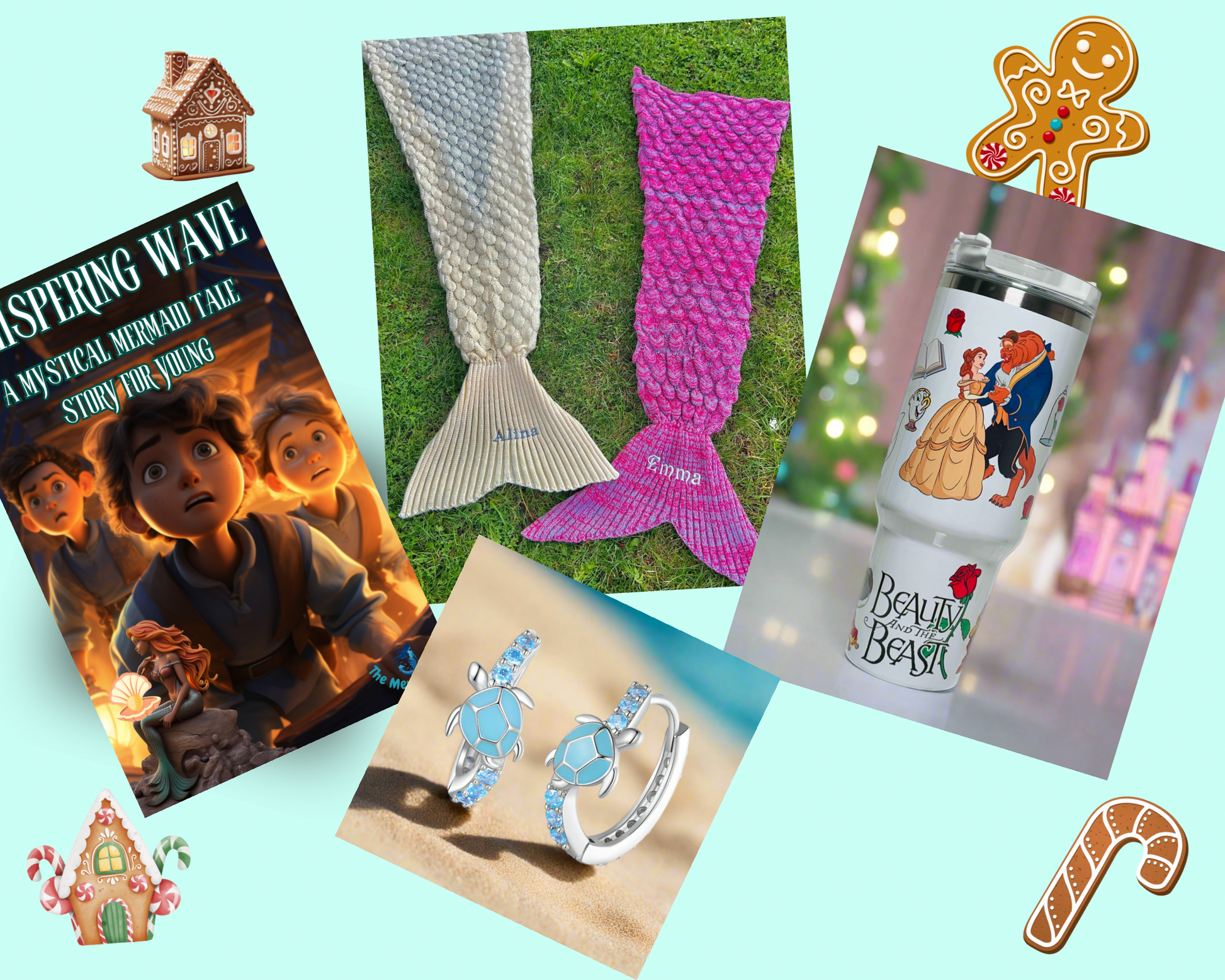 Magical Mermaid Gift Bundle featuring a cozy Mermaid Tale Blanket, Mystical Mermaid Storybook, vibrant 40oz Quencher Tumbler, and Turtle-Inspired Earrings, perfect for Christmas gifts, holiday surprises, and birthday celebrations.