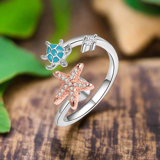 Crystal Turtle & Starfish Resizable Ring
