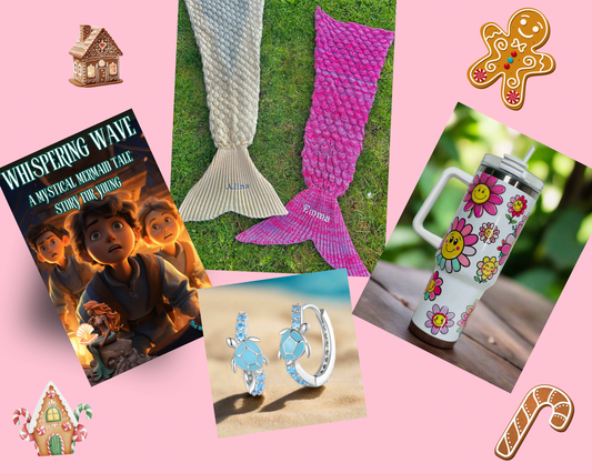 Magical Mermaid Gift Bundle featuring a cozy Mermaid Tale Blanket, Mystical Mermaid Storybook, vibrant 40oz Quencher Tumbler, and Turtle-Inspired Earrings, perfect for Christmas gifts, holiday surprises, and birthday celebrations.