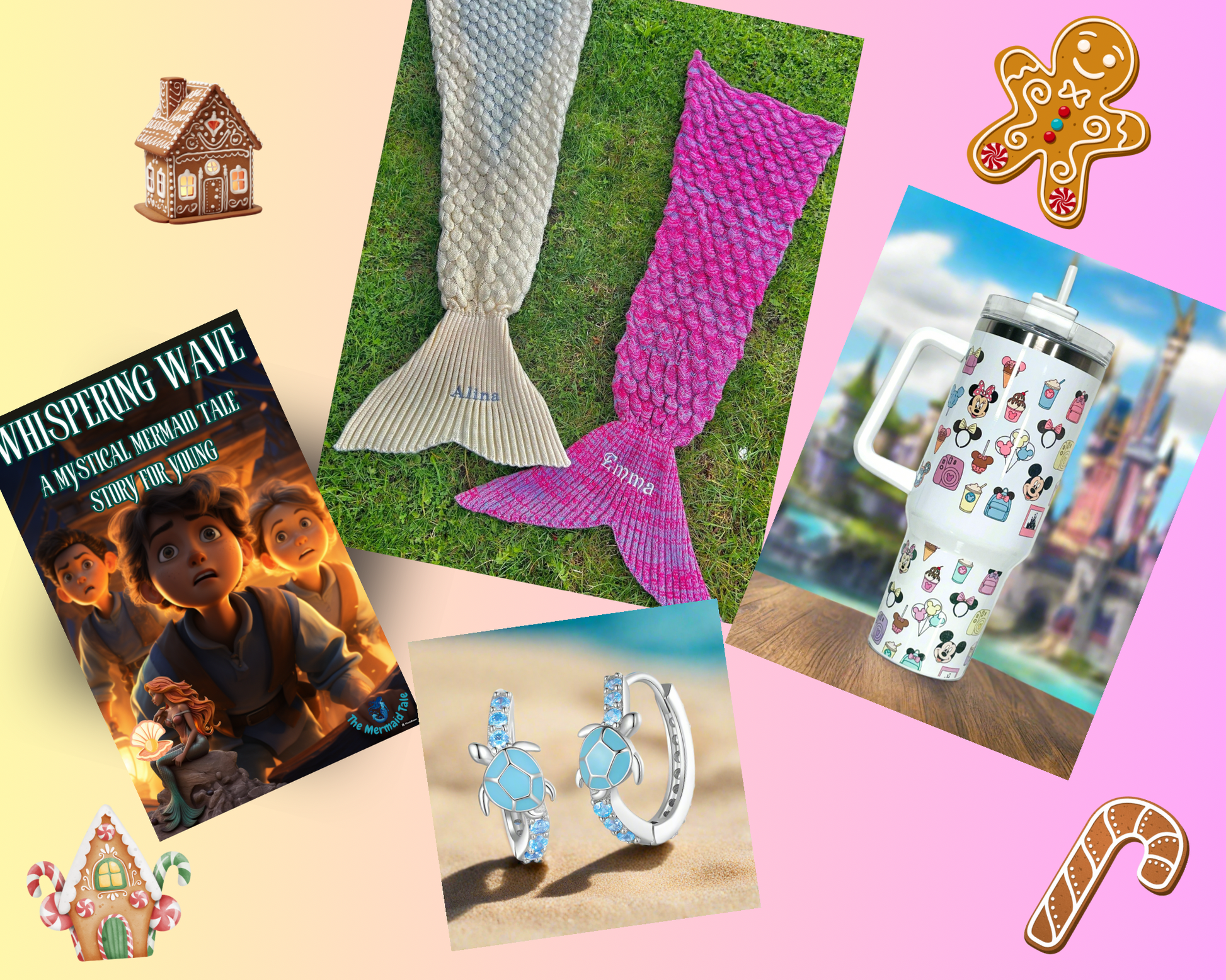 Magical Mermaid Gift Bundle featuring a cozy Mermaid Tale Blanket, Mystical Mermaid Storybook, vibrant 40oz Quencher Tumbler, and Turtle-Inspired Earrings, perfect for Christmas gifts, holiday surprises, and birthday celebrations.