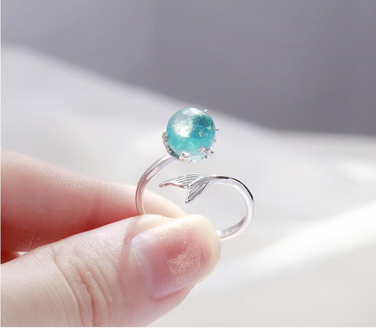 "Adjustable Open Blue Crystal Mermaid Bubble Ring - Enchanting ocean-inspired ring with shimmering blue crystals, perfect for mermaid lovers. Customizable fit for anyone, an ideal gift for her