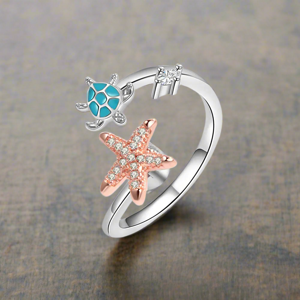 Crystal Turtle & Starfish Resizable Ring