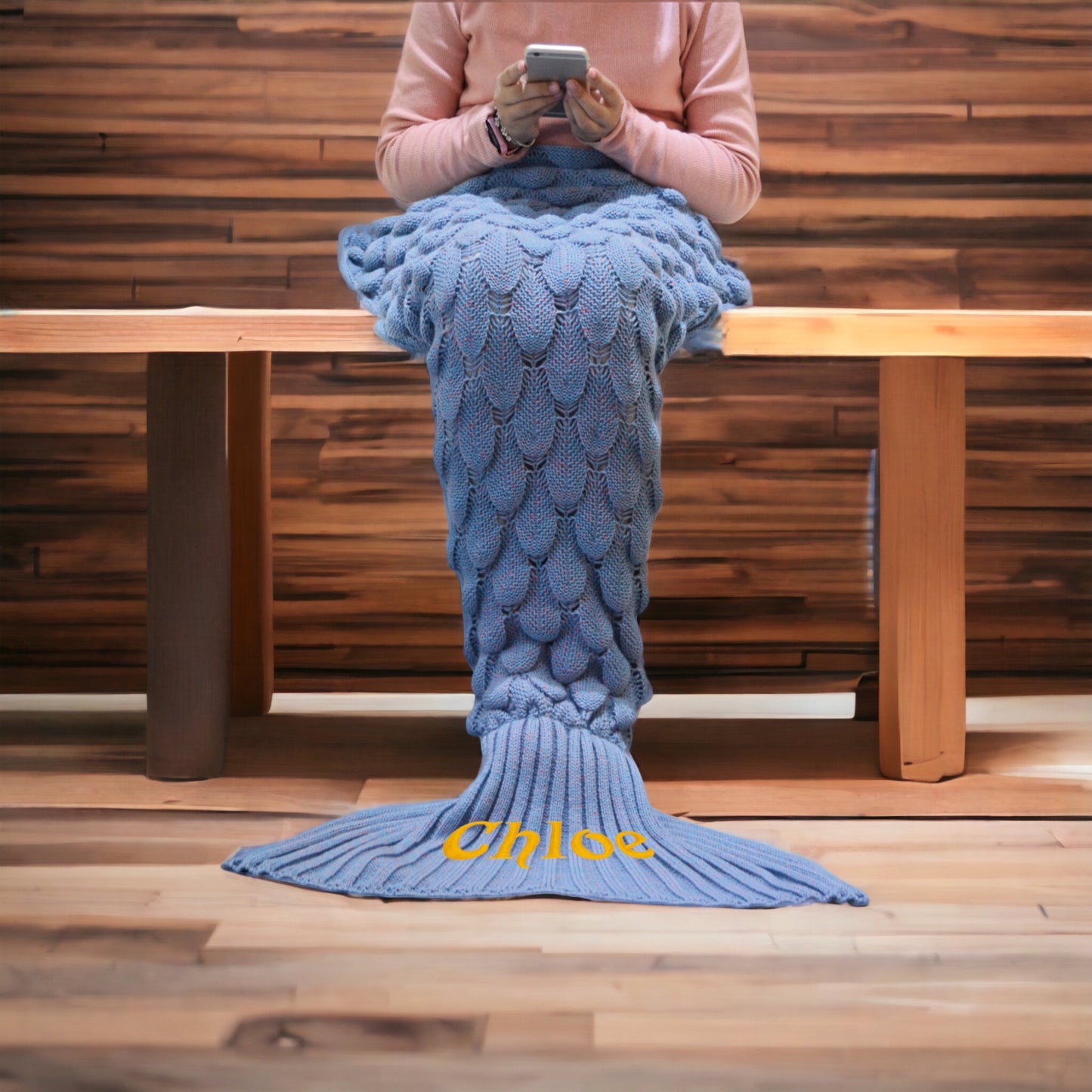 Personalized Mermaid Tail Shape Blanket - Ocean Blue" Description: "Close-up of a cozy mermaid tail blanket in a beautiful ocean blue color, ready to be personalized with a name."